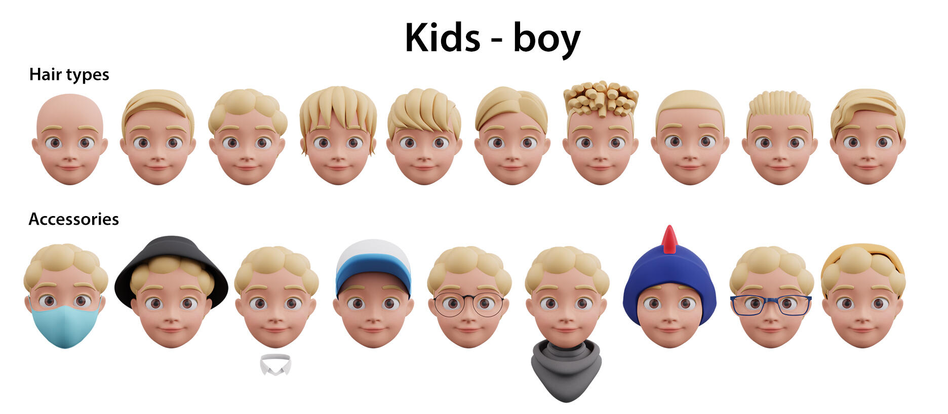 Various 3D heads of a boy Modular 3D heads of a boy