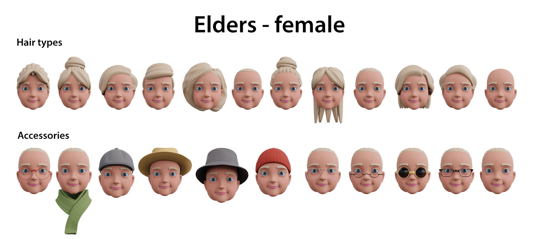 Various 3D heads of an elderly woman Modular 3D heads of elderly woman