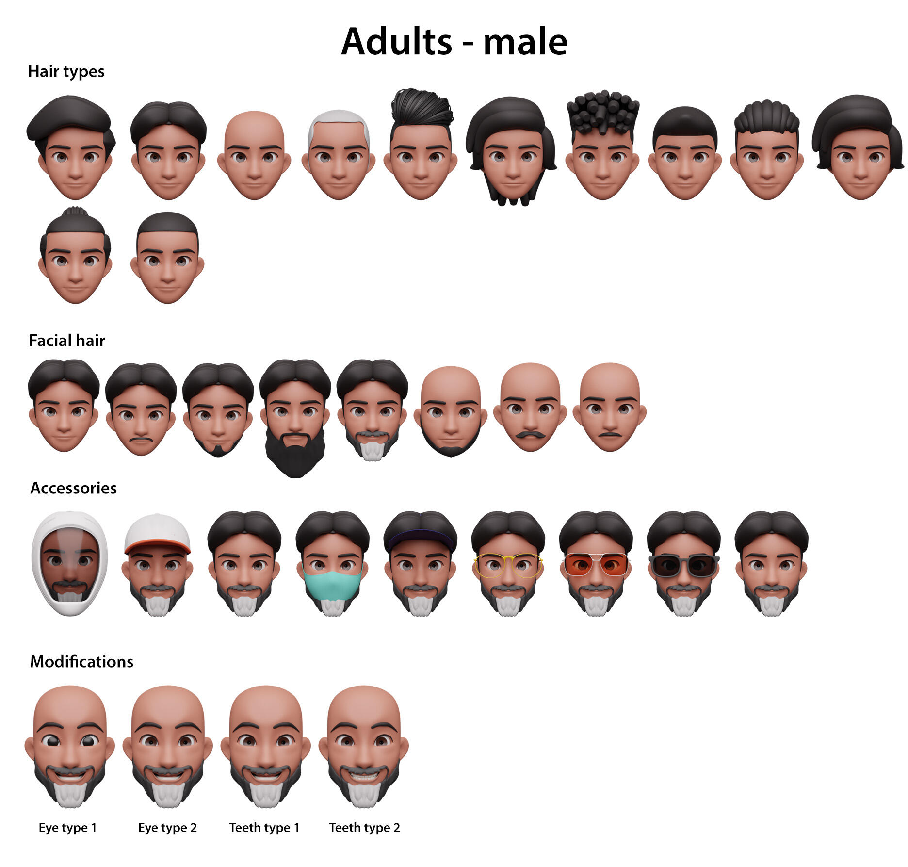 Various 3D heads of an elderly man Modular 3D heads of elderly man